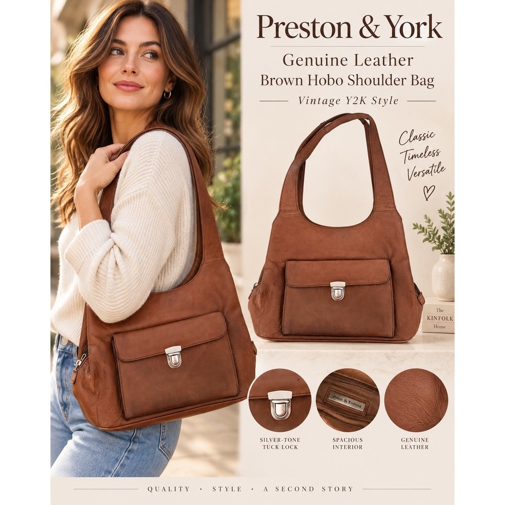 Preston & York Brown Leather Hobo Shoulder Bag Y2K Tuck Lock Purse